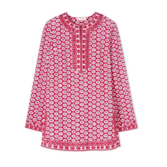 Tory Burch Jayne Mod Flower Embellished Tunic Top Sz 0 Cotton Mod Floral Boho - Picture 3 of 12